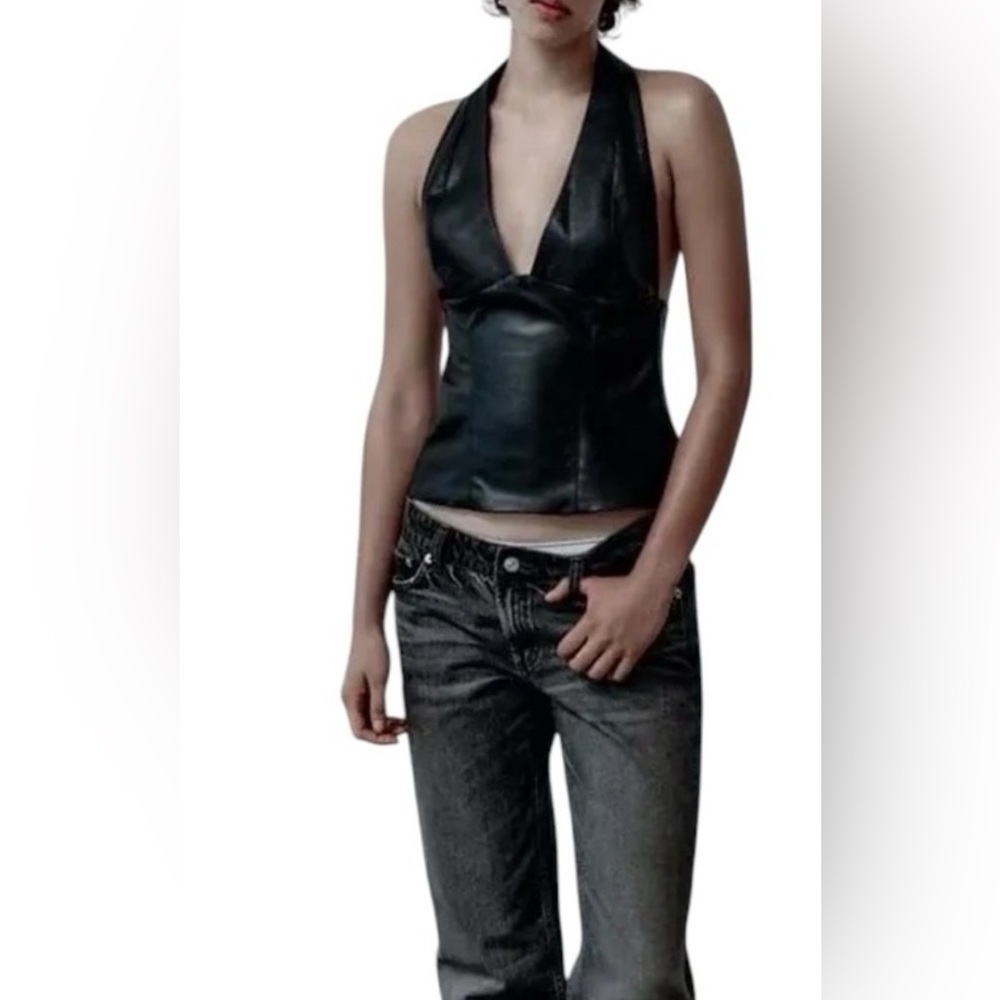 Zara Black faux leather Halter Top going out top sexy